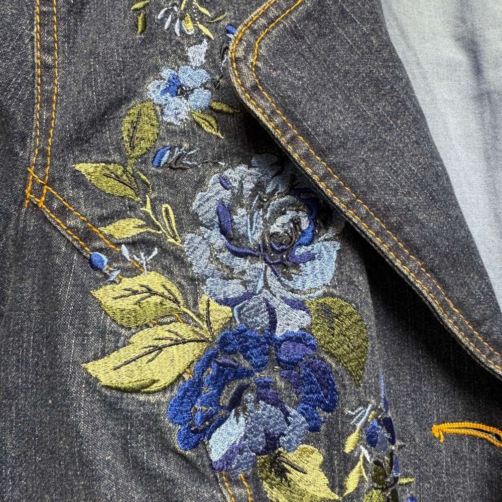 Denim&Co Vintage Denim Blazer Jacket with Floral Embroidery, L - Picture 3 of 10